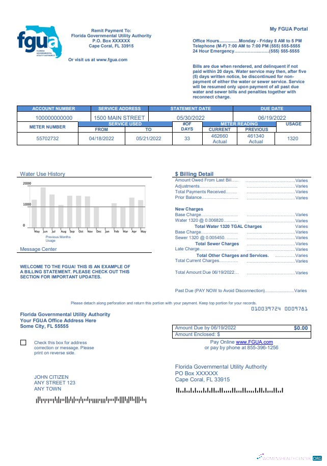 download download USA Florida FGUA utility bill template in Word and PDF format PDF template PDF template